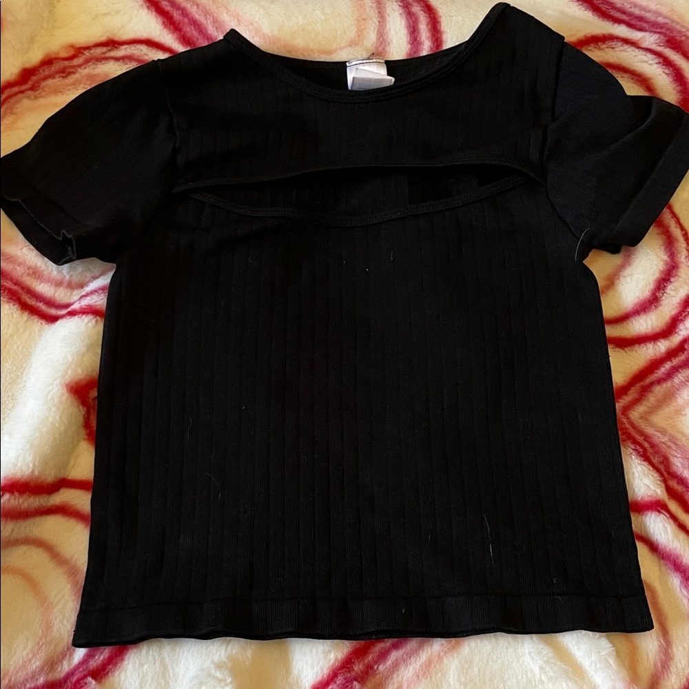 Kids Black Ribbed Short-Sleeve Top with Front Cutout